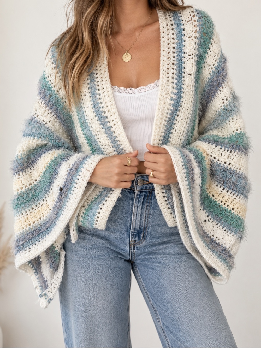 Handmade Fuzzy Crochet Striped Shrug Wrap Oversized Neo Nostalgia